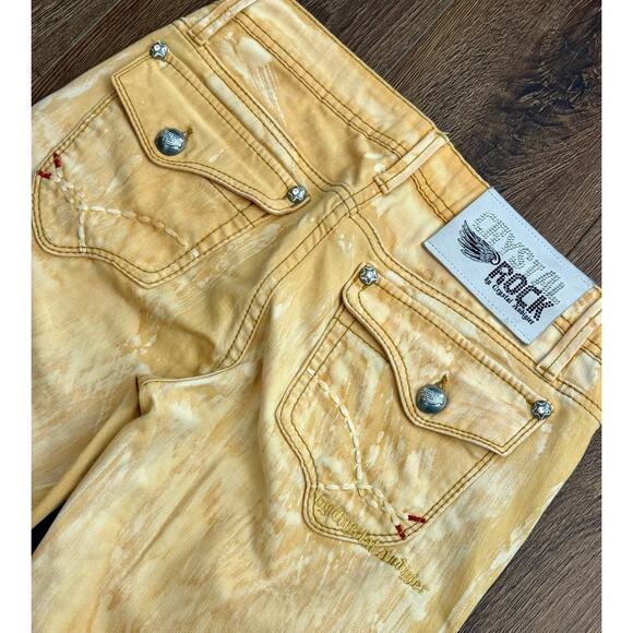 Crystal Rock Christian Audigier Skinny Leg Yellow Raw Hem Streetwear Jeans Sz 30 - Picture 1 of 3